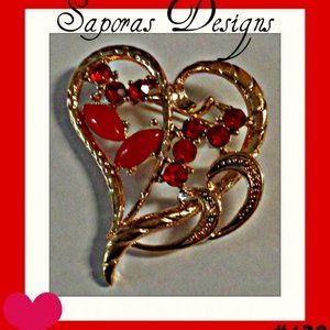 Gold Tone Heart Design Brooch With Red Crystals & Red Beads For Women